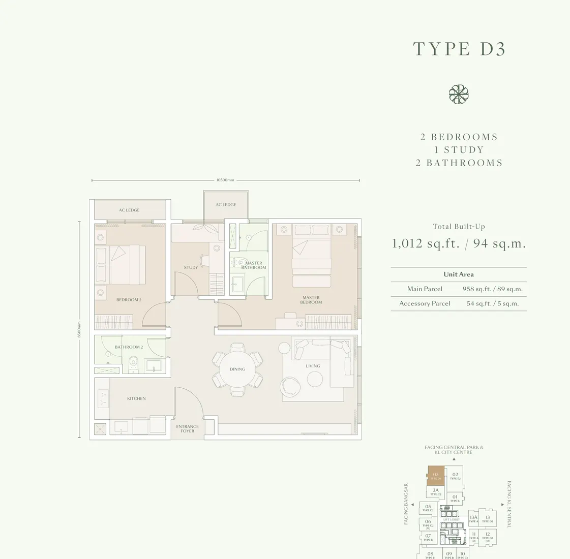 Parkside Residences Type D3 戶型圖・1012 呎